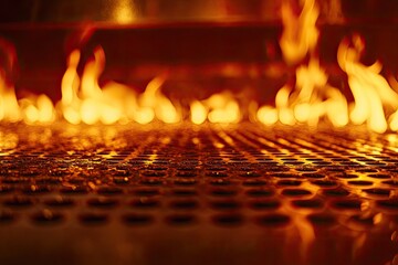 Intense flames licking a metal grate.  Blurred background of a fiery furnace