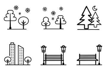 Snowy winter park with trees, benches, lampposts, and snowflakes, calm urban setting icon set