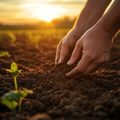 Close-up of weathered farmer's hands examining rich soil at golden hour, super slow motion agricultural detail
