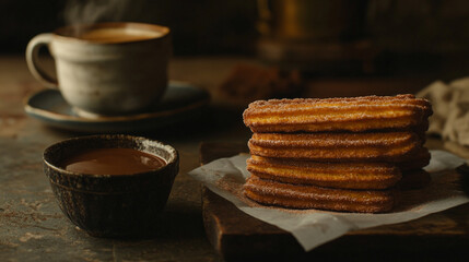 Delicious churros with chocolate sauce and coffee a sweet treat for breakfast time