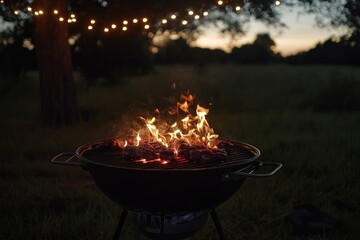 Outdoor grill ablaze at dusk, surrounded by trees and a field.  Warm fire and glowing embers on the grill