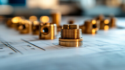 Mechanical engineering components arranged on a technical blueprint, symbolizing precision, innovation, and the foundational role of design in industrial manufacturing and machine construction.

