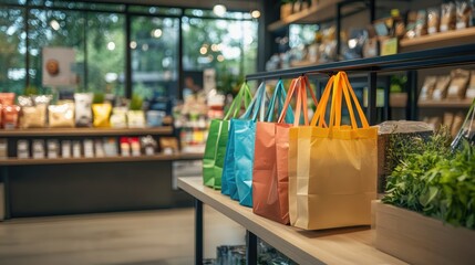 A store with a display of bags on a shelf