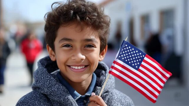 Happy smiling hispanic child immigrant holding a small US flag looking at the cameray