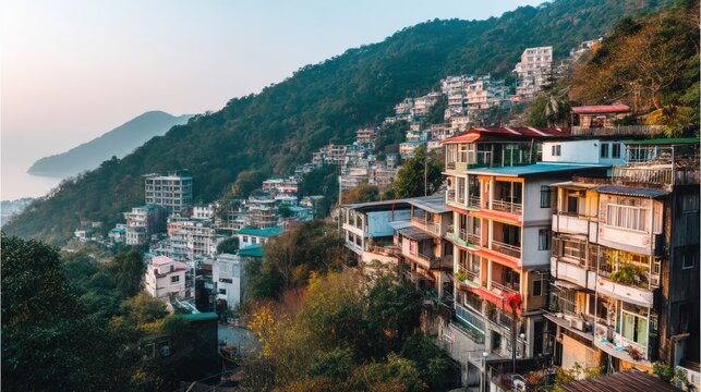 Mountainside townhouses with colorful buildings