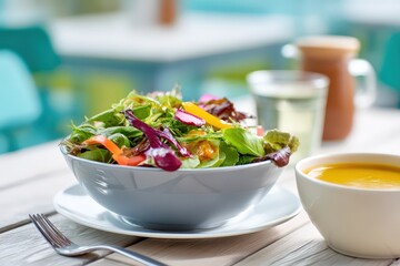 Fresh mixed salad and soup on a bright table.
