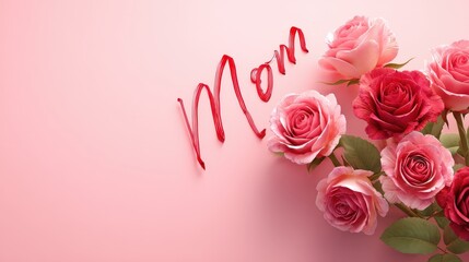 Roses and 'Mom' script on a pastel pink background.