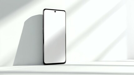 Modern smartphone with blank white screen stands on a white surface, light and shadow
