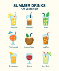 Summer Drinks Collection – Flat Vector Set with Lemonade, Iced Latte, Mojito and More