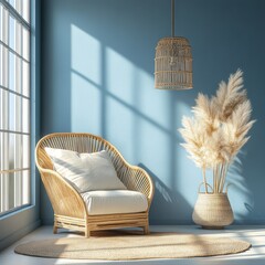 Stylish rattan armchair in a serene, modern interior setting.