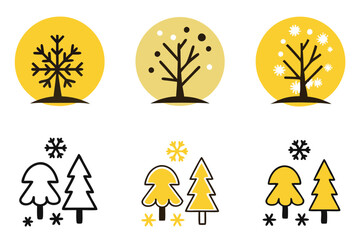 Snow covered tree landscape with clouds and snowflakes, winter season icon set