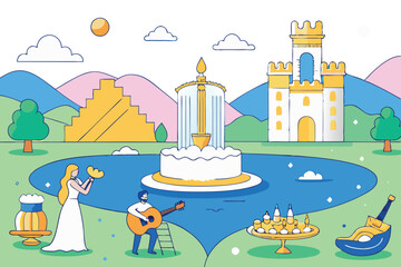 Fototapeta premium Colorful fantasy landscape with a fountain, musical instruments, and ancient castle illustration, showcasing whimsical scenery with cake and ceremony medical virus