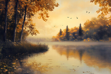 Fototapeta premium Tranquil Dawn: A Serene Forest Lake Reflecting the Golden Sunrise Amidst Soaring Trees and Gliding Birds