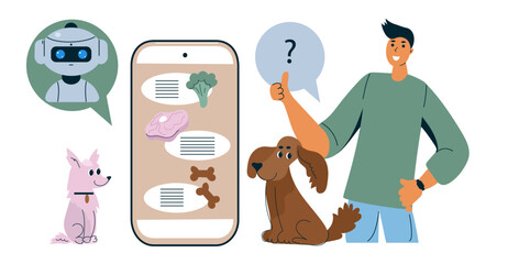 Man Pet owner asking artificial intelligence robot consultant about nutrition for dog. Online veterinary service.