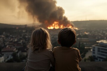 Children amidst chaos - burning city, apocalyptic backdrop, destruction concept, war conflict, devastation scene, violent landscape, tragic reality, hostile environment catastrophic events urban ruin.