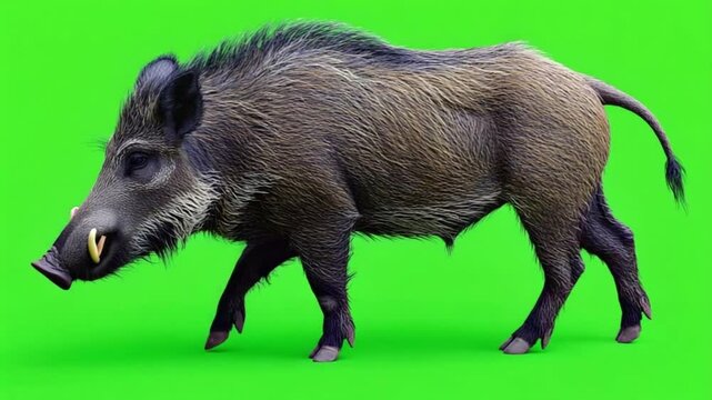 A boar with tusks standing against a vibrant green backdrop in a studio setting for photo shoot green screen video