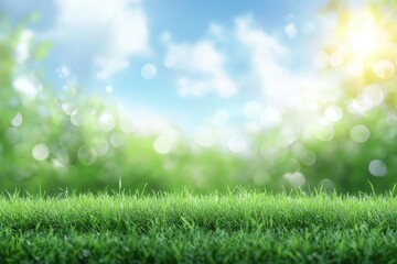 Obraz premium Lush green grass field with a bright, sunny sky. Soft focus bokeh effect