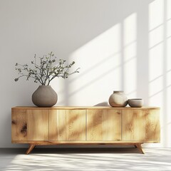Modern wooden cabinet with subtle decorative elements in a bright room.