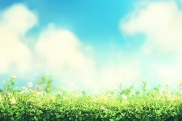 Obraz premium Lush greenery borders a vibrant blue sky filled with soft, fluffy clouds. A gentle spring breeze whispers through the scene, promising a day filled with warmth and light
