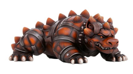3D Rendered Illustration of Armored Dragon-Like Creature with Orange Spikes