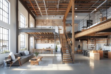 Fototapeta premium Adaptive reuse industrial space showcases an open plan office-to-residential conversion with preserved structural elements and modern additions blur.