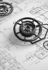 Clean white background, black outlined technical drawings of geometric shapes and mechanisms , pattern, template, texture