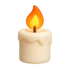 A smooth, creamy white pillar candle burns brightly with a warm orange and yellow flame, exhibiting delightful wax details.