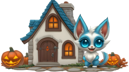 Cute Cartoon Cat with Blue Fur in Front of a Halloween House Illustration
