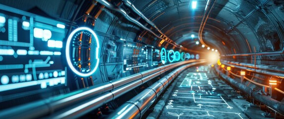 Obraz premium Underground smart city construction with traditional touches; digital panels monitor utility systems in an advanced infrastructure project.