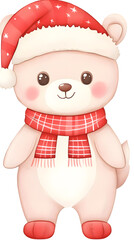 Cute Cartoon Bear With Christmas Hat And Scarf Transparent Background Illustration