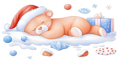 Cute Cartoon Bear In Santa Hat Sleeping On Snow With Gifts Illustration