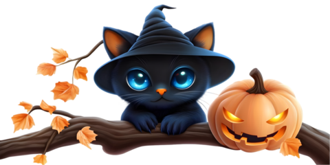 Cute Halloween Cat with Witch Hat Beside a Carved Pumpkin Photo Illustration