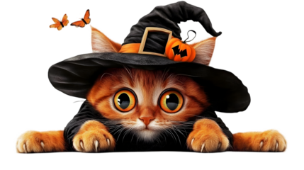 Cute Halloween Illustration of a Witch Cat Wearing Orange Hat and Pumpkin