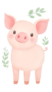 Cute Pig Watercolor Illustration In Pink With Green Leaves Isolated On Transparent Background