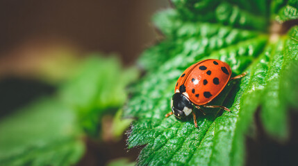 Fototapeta premium Ladybug beetle insect on leaf macro photography nature wildlife summer spring bug