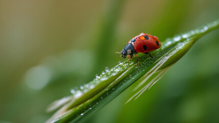 Ladybug on leaf macro shot nature photography red insect dew drops close up view