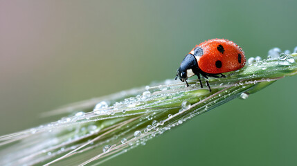 Obraz premium Close up ladybug on grass with water drops nature photography macro insect shot