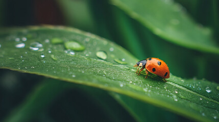 Fototapeta premium Ladybug on leaf macro photography nature insect beetle close up dew drops beauty