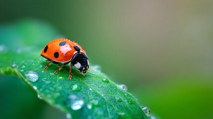 Obraz premium Ladybug on leaf close up macro photography nature insect dew drops springtime view
