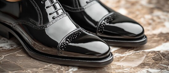 Polished black leather brogue oxford shoes.