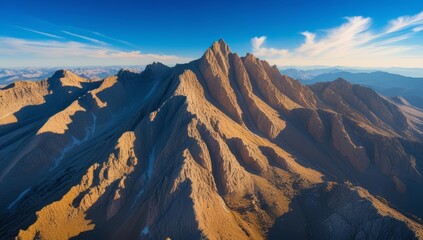 Aerial view showcasing majestic jagged mountain peaks against a clear blue sky