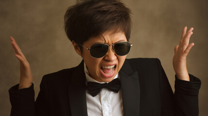 Fototapeta premium Portrait of angry woman yelling wearing sunglasses and tuxedo with bow tie formal