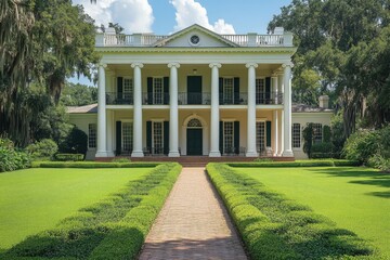 Obraz premium Large white colonial mansion with front columns and symmetrical garden