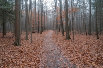 Obraz premium Forest path covered with dry leaves surrounded by tall bare trees in autumn