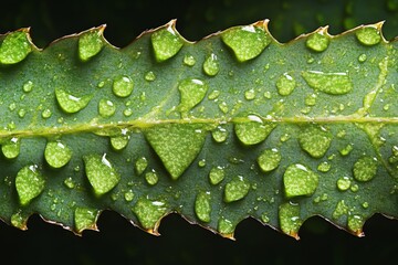 Fototapeta premium Macro shot of a green leaf with raindrops forming symmetrical patterns