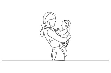 Fototapeta premium Continuous one line drawing of Young mother hugs her little baby. Single line drawing illustration of Mother hugging baby. Loving mother concept vector art. Doodle line illustration.