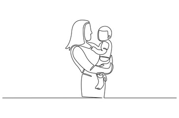 Continuous one line drawing of Young mother hugs her little baby. Single line drawing illustration of Mother hugging baby. Loving mother concept vector art. Doodle line illustration.