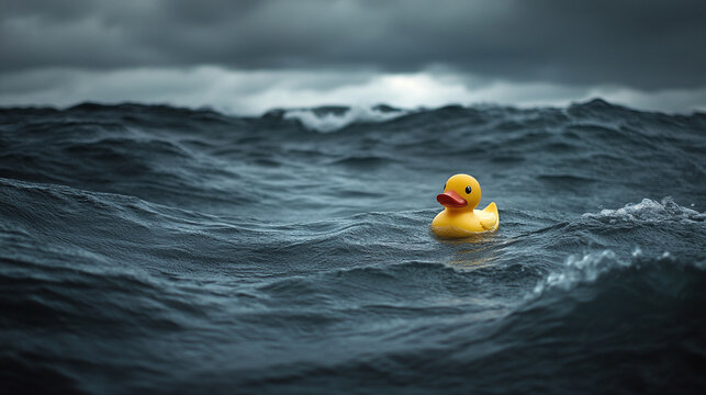 A lone rubber duck floats gently in the vast ocean, symbolizing childhood innocence, vulnerability, and resilience amidst the unpredictable and overwhelming forces of nature.

