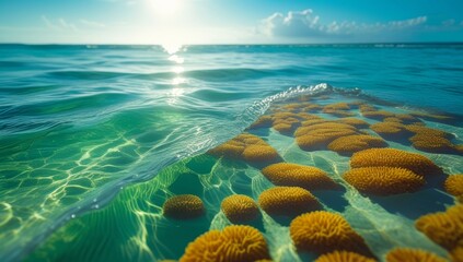 Sunlit serenity underwater scenic view showcasing coral reef and pristine ocean waves