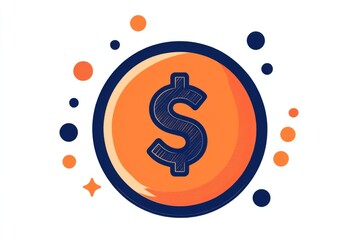 Flat cartoon coin with orange glow and decorative dots on a clean white background
